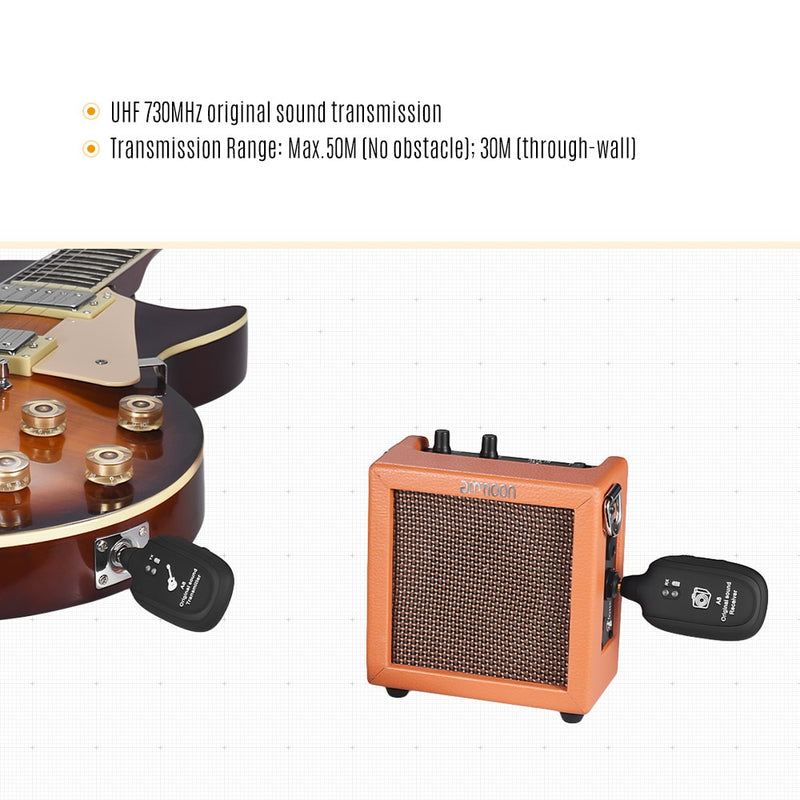 UHF-Gitarren-Drahtlossystem Sender Empfänger Eingebauter wiederaufladbarer Lithium-Akku Max. 50 m Übertragungsreichweite für Gitarre