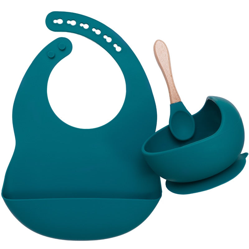 Vajilla de silicona para bebé sin BPA, babero impermeable, toalla Flexible para Saliva, cuenco y cuchara con ventosa de Color sólido para niños