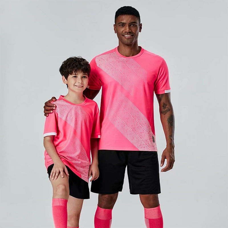 Men and Kids Pink Custom Soccer Jerseys Set Adult Football Jersey Boys Purple color parent-child activity Games Uniforms