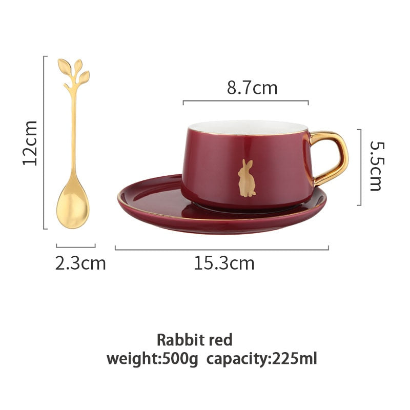 MDZF SWEETHOME 225 ml Tierische Kaffeetasse im nordischen Stil mit Tellerlöffel Goldgriff Frühstücksmilchsaftbecher Geschenk zum Geburtstag