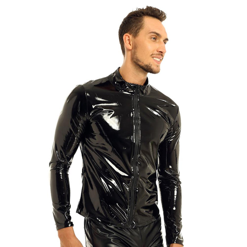 iiniim Herren Shiny Metallic Long Sleeve Front-Zip Stehkragen Tops Wet Look Lackleder Night Clubwear Shirt Top Performance