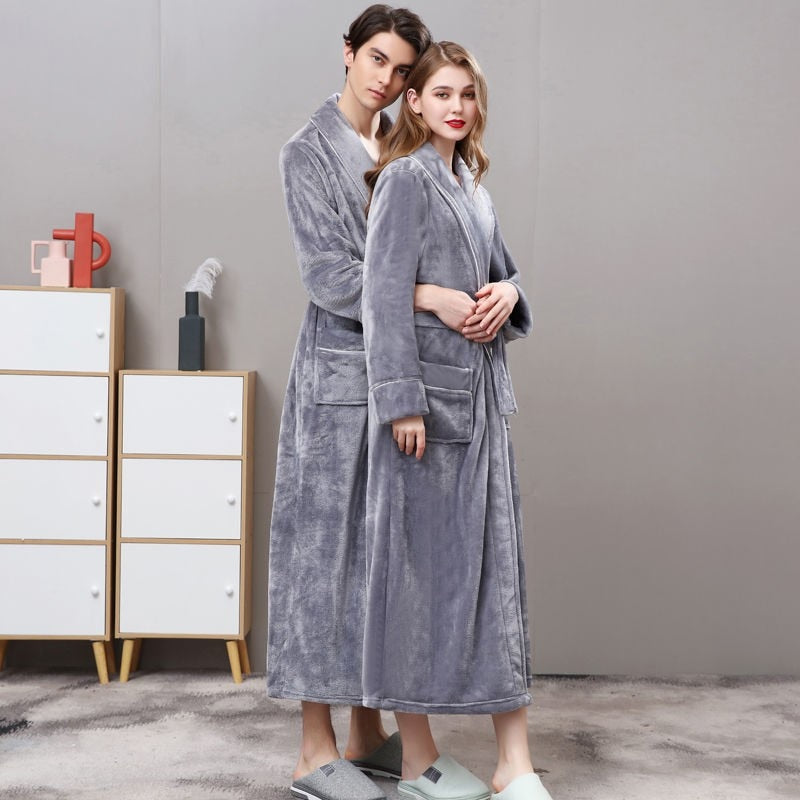 Men Plus Size 3XL Flannel Kimono Bath Gown Ultra Long Large Robe Coral Fleece Nightgown Lovers Couple Thick Warm Sleepwear MR001