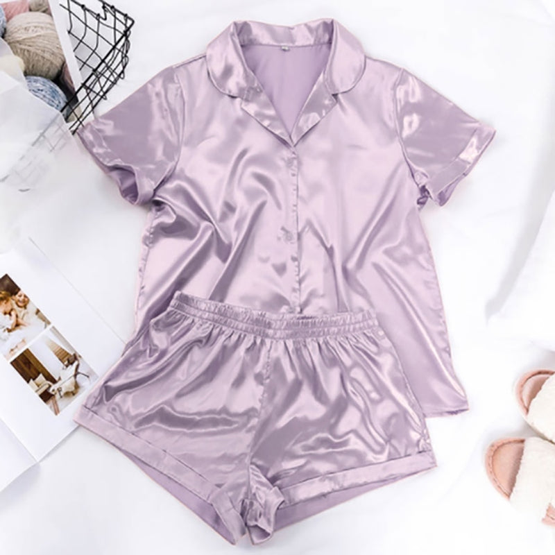 HiLoc Solid Satin Sleepwear Silk Pajamas Set Top And Shorts Two Piece Set Pyjamas Women Pajama Short Sleeve Home Suit Casual