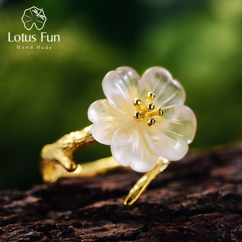 Lotus Fun Real 925 Sterling Silver Natural Gemstones Fine Jewelry Cute Flower in the Rain Ring Open Rings for Women Accessories