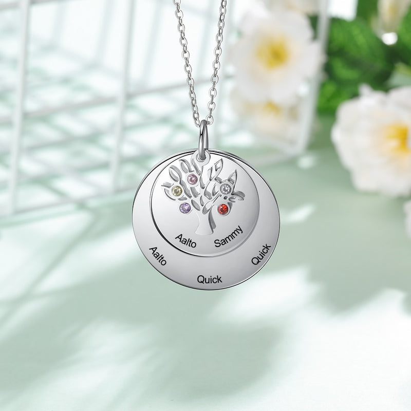 Personalized Family Name Engraved Necklaces for Women Tree of Life Stainless Steel Pendant Necklace with 7 Birthstones Jewelry