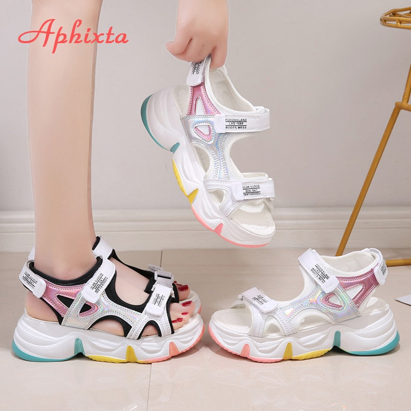 Aphixta, tamaño grande, 42 tacones de cuña, sandalias para mujer, diseño de suela arcoíris, sandalias de plataforma de 5,5 cm para mujer, zapatos de aumento de altura para mujer