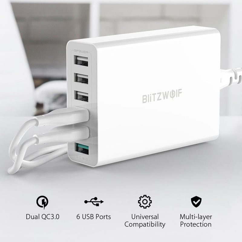 BlitzWolf 60W Dual QC3.0 6 puertos USB PD Cargador de teléfono para iphone para huawei Cargadores de teléfonos móviles Accesorios USB Carga rápida