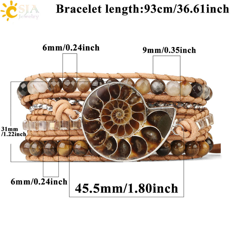 CSJA Boho Leather Wrap Bracelet Natural Stone Bracelets for Women Tiger Eye Bead Multilayer Wickelarmband S475