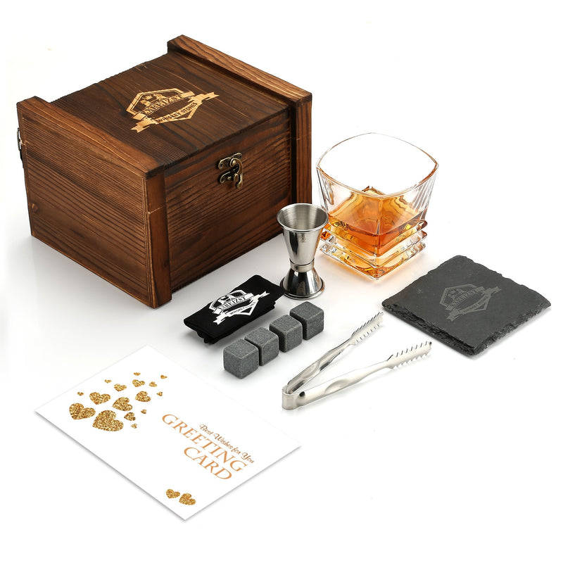 Juego de vasos y piedras para whisky, cubo de hielo de granito para whisky, rocas para enfriar whisky en caja de madera, el mejor regalo para papá, marido y hombre