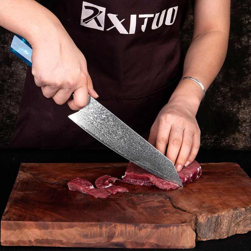 XITUO Damasco cuchillo de cocina Japón VG10 acero profesional Kiritsuke Chef cuchillo octogonal mango de resina azul nuevo Cleaver regalo caliente