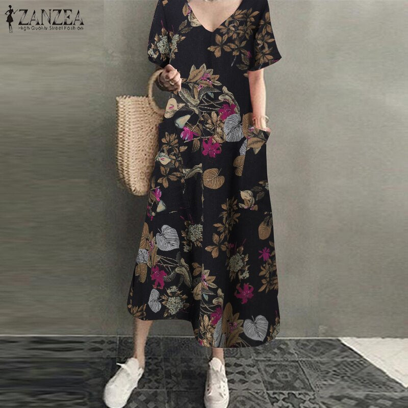 ZANZEA 2022 Women Long Maxi Summer Dress Casual Cotton Linen  Ladies Big Pockets Beach Party Robe Femme Vestidos