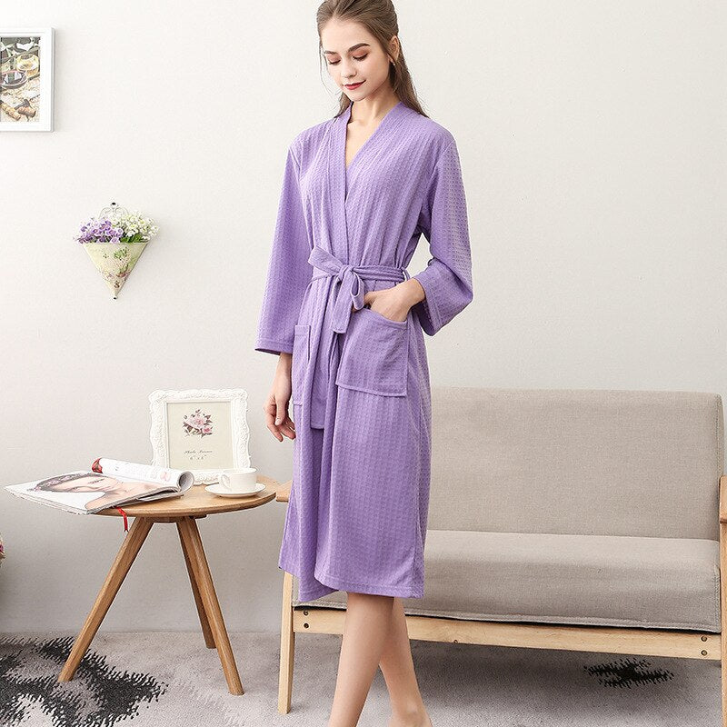 Women Summer 2021 Long Soft  Bath Robe Pajamas Kimono Solid Waffle Bathrobe With Sashes Dressing Gown Sleepwear Female Homewear