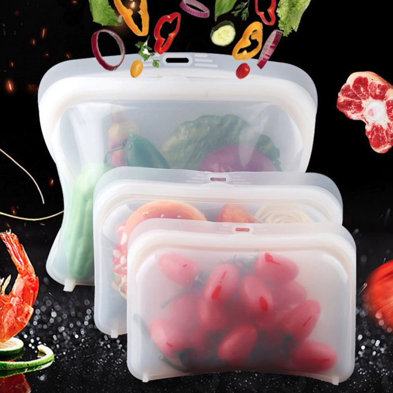 Paquete de 3 bolsas reutilizables de silicona para almacenamiento de alimentos, bolsas herméticas con cierre hermético para bocadillos, bolsas para microondas, lavavajillas, congelador, bolsas frescas seguras