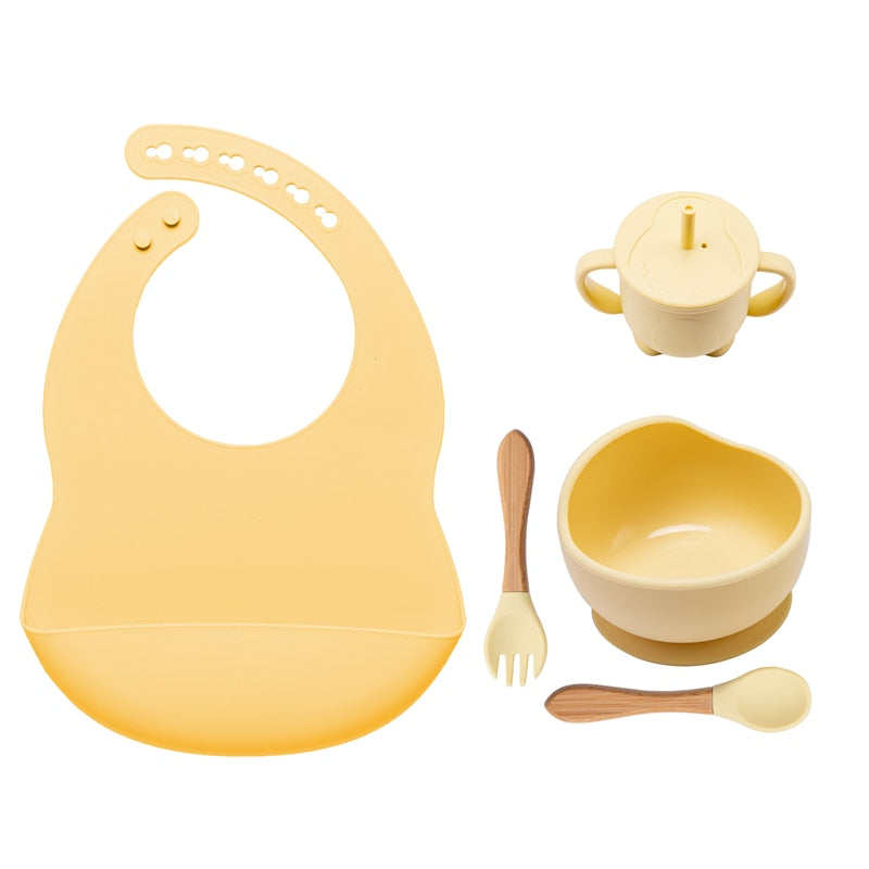 5 uds/1 Juego de cuenco de silicona para alimentación de bebé, vajilla, cuchara impermeable, vajilla antideslizante, platos de silicona sin BPA para vajilla de bebé