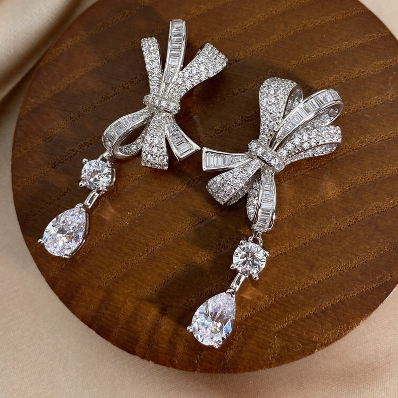 OEVAS 100% Plata de Ley 925 brillante alto carbono diamante lazo conjunto de joyería fina boda pendientes anillos collares