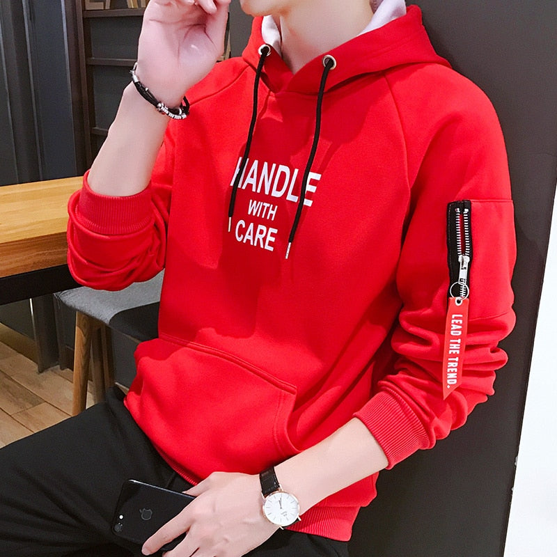 Fashion Men Hoodie Printed HANDLE Korea Hooded Hoodies Male With Side Zipper Pockets Teenage Pullovers Sweatshirts Men Clothing