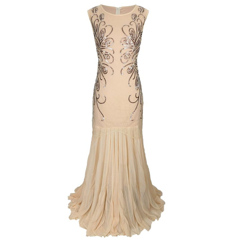 Frauen Vintage 1920er Jahre Great Gatsby Kleid 20er Jahre Flapper Party Abendkleid Sexy O-Ausschnitt Ärmellos Perlen Pailletten Mesh Meerjungfrau Kleid