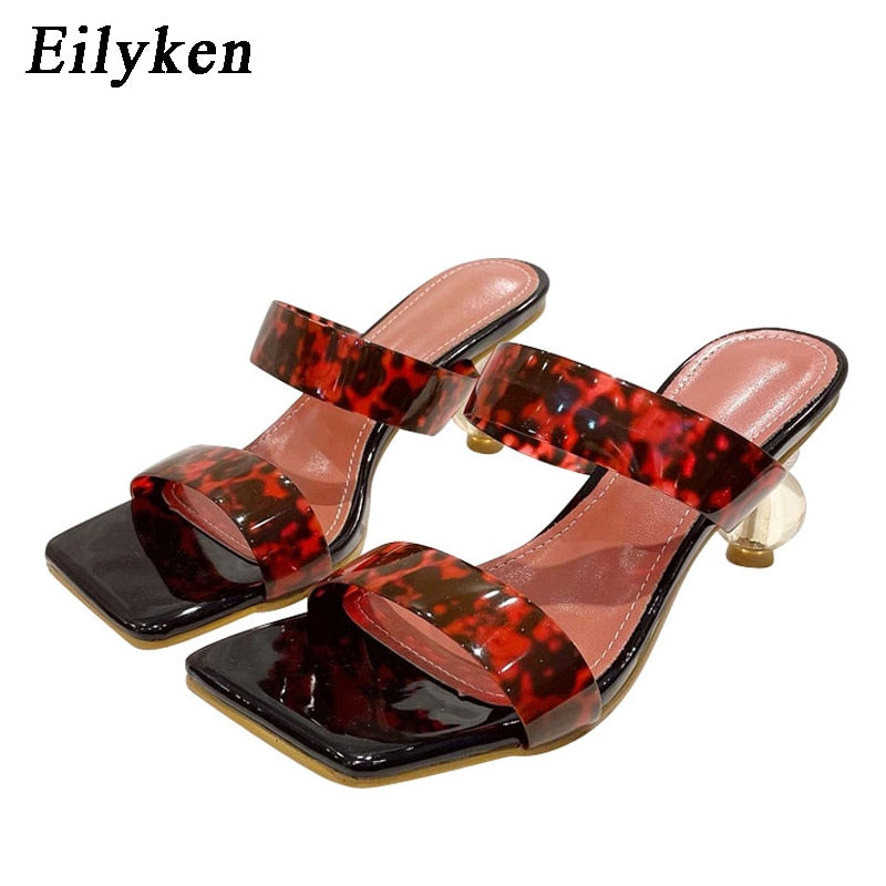 Eilyken 2023 New Summer Square Toe Ladies Slippers PVC Transparent Crystal Strange Style Clear Heel Women Leopard Grain Slides