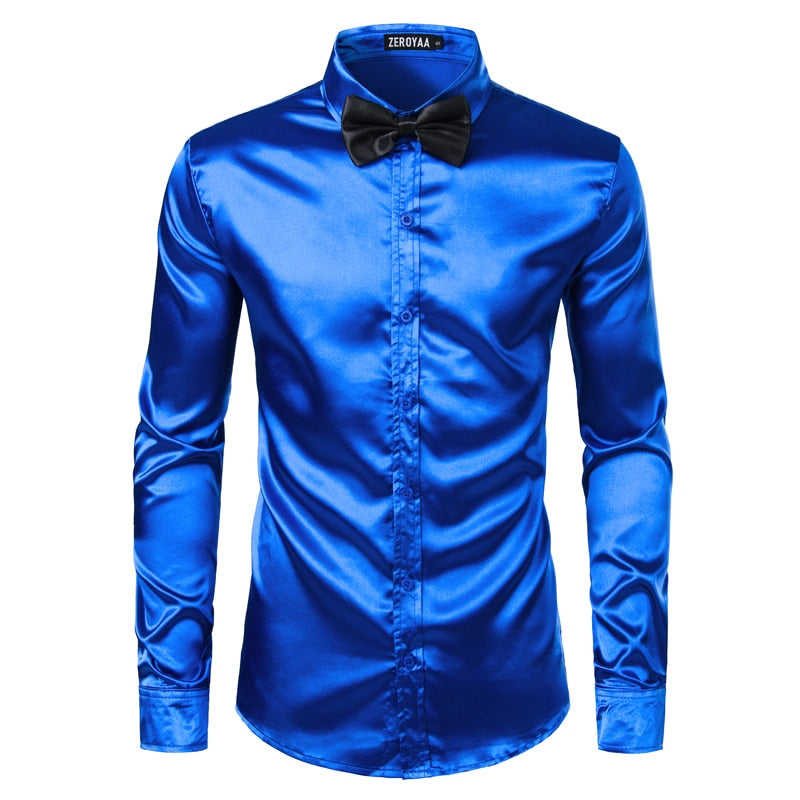 2 Stück Silber Seidenhemd + Krawatte Herren Satin glatt Smokinghemden Casual Button Down Herrenhemden Hochzeit Party Prom Chemise Homme