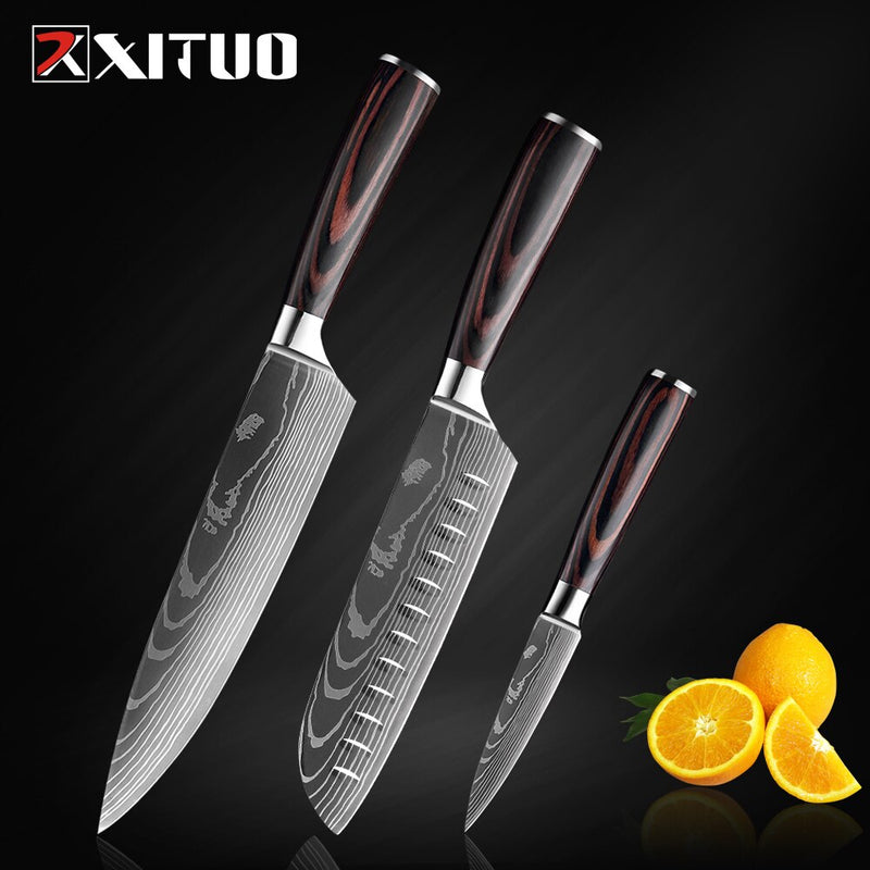 XITUO Kitchen Knife Japanese Knife Cooking Set 3&quot; 5&quot; 7&quot; 8&quot; inch+Laser Damascus Pattern Paring Fruit Vege Chef Knife Kitchen Tool