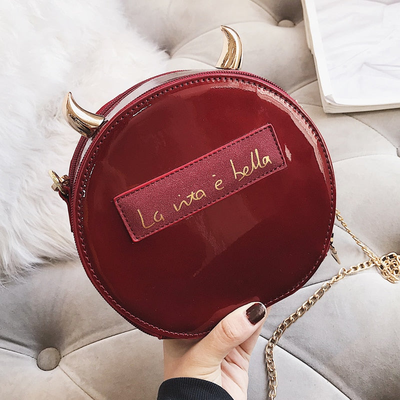 Dazzling Round Devil Crossbody Bag for Women Fashion Patent Leather Shoulder Chain Bag Female Purses and Handbags Clutch Bag