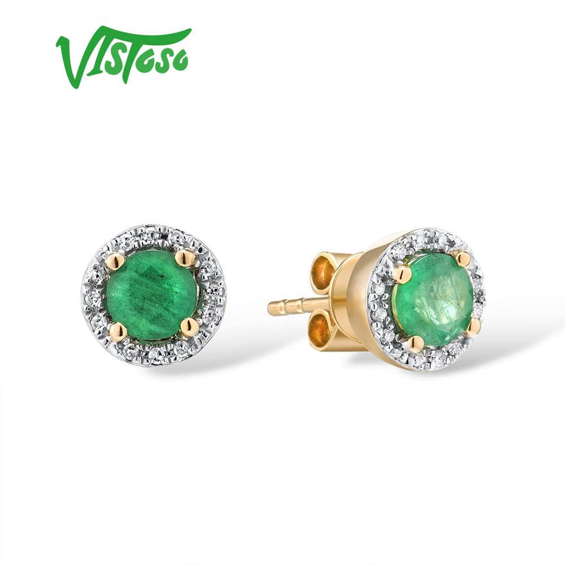 VISTOSO Gold Earrings For Women Genuine 14K 585 Yellow Rose Gold Round 4mm Emerald Blue Sapphire Ruby Stud Earrings Fine Jewelry