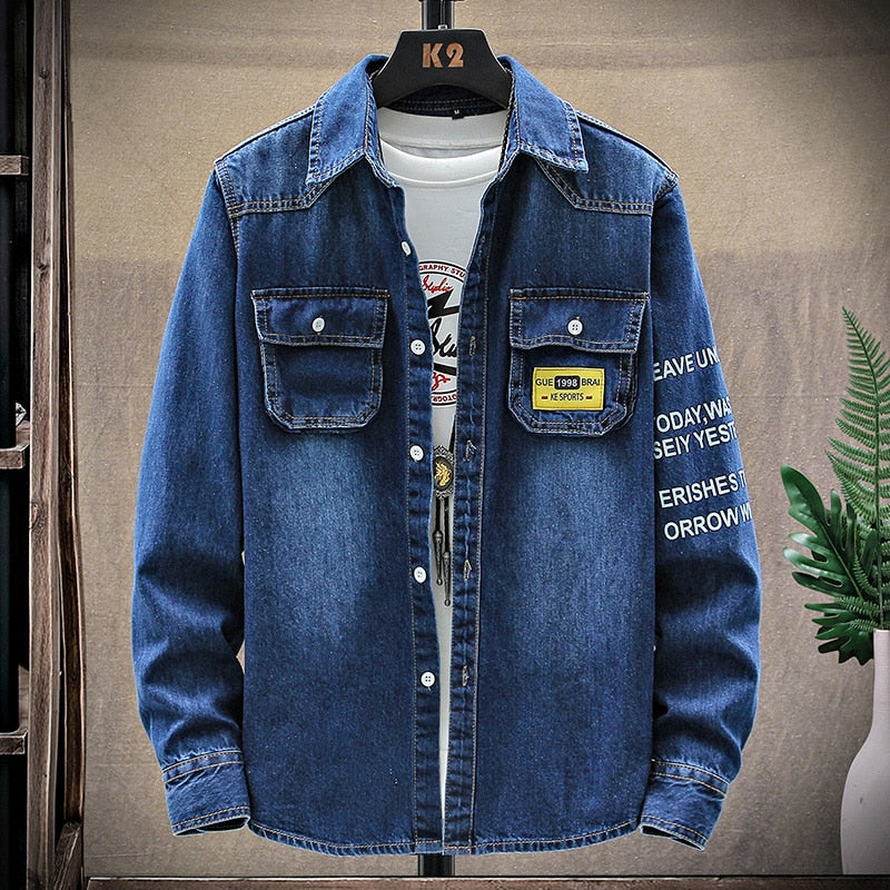 Denim Shirt Men Cotton Jeans Shirt Fashion Autumn Slim Long Sleeve Cowboy Shirt Stylish Wash Slim Tops Asian Size 3XL