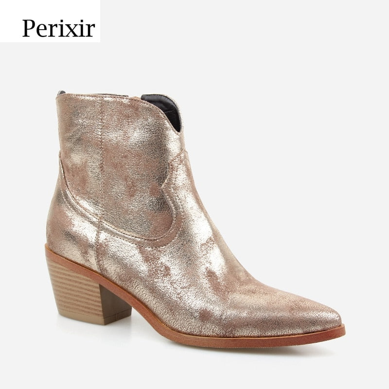 Perixir New Fashion Women's High-heeled Retro Square Heel boots Zipper Concise Pointed Toe Woman Boot Golden Shoes Winter 2020