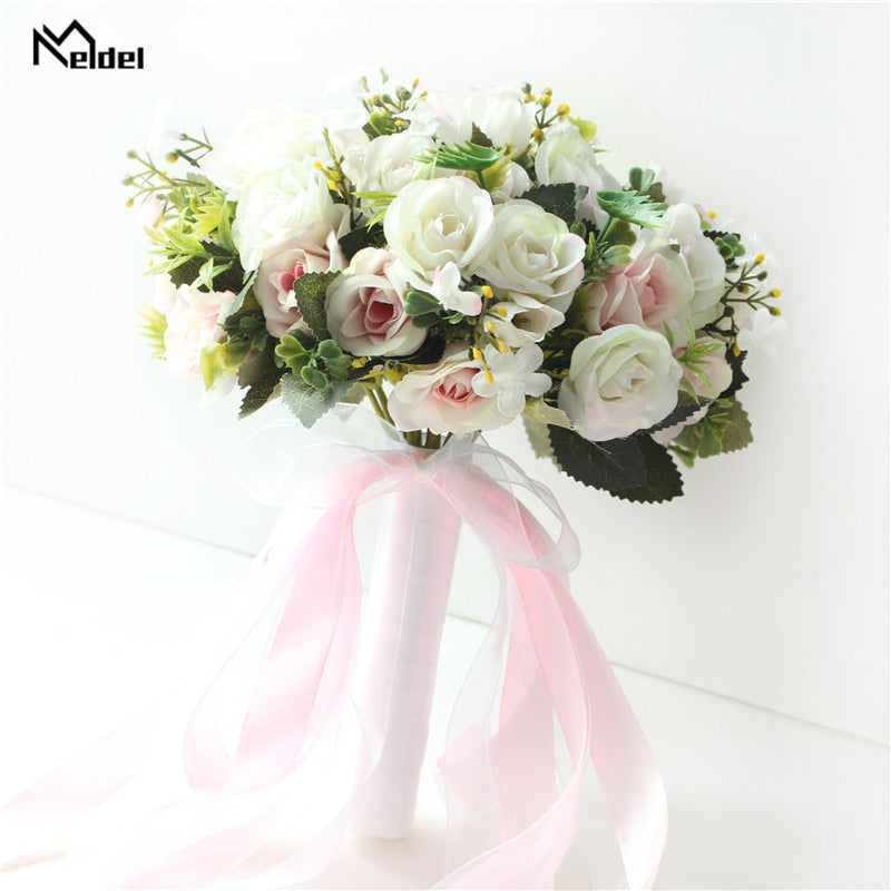 Meldel New Purple White Wedding Bouquet Handmade Artificial Flower Rose Buque Casamento Bridal Bouquet for Wedding Decorations