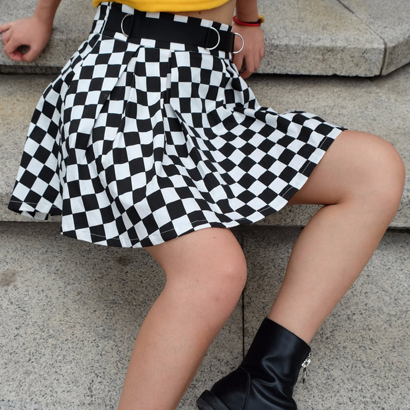 DICLOUD 2019 Pleated Checkerboard Skirts Womens Harajuku High Waisted Skirt Casual Dancing Korean Sweat Short Summer Mini Skirts