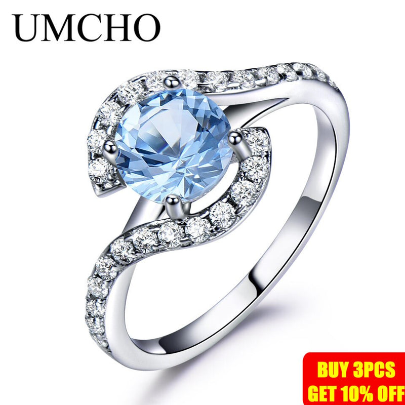 UMCHO Real 925 Sterling Silver Rings For Women Classic Round Created Sky Blue Topaz Gemstone Wedding Valentine&