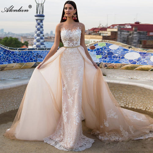 Alonlivn Elegantes 2-in-1-Hochzeitskleid, Champagner-Tüll mit goldenem Gürtel, abnehmbarer Zug, Applikationen, Spitze, ärmellose Brautkleider