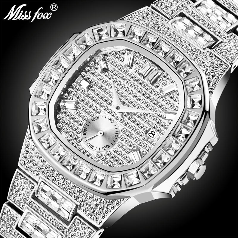 MISSFOX Iced Out Watches Men Top Brand Luxury Watch Men Full Diamond Quartz-watch Bling Bling Hiphop Hot Rapper's Jewelry Watch