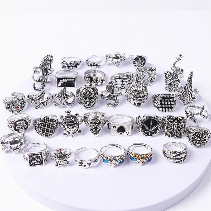 50 unids/lote Punk gótico serpiente búho calavera Animal plateado anillos para Mujeres Hombres estilo mixto Vintage joyería fiesta regalos