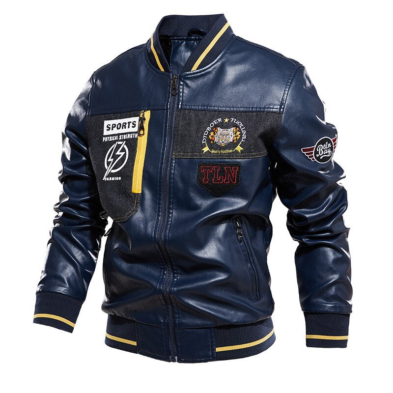 Embroidery Leather Jacket Men Winter Fleece Baseball Moto PU Jacket Male Stand Collar Casual Windbreaker chaquetas hombre Coat