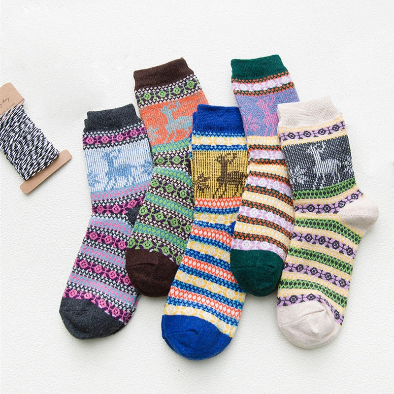 HSS Brand 5 Pairs High Quality Women Winter Socks Vintage Patchwork Rabbit Wool Sock Thicken Warm Thermal Cotton Socks