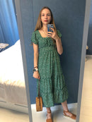 Vintage Print Puff Sleeve Dress Women Summer 2020 New Sweet Casual Square Collar Green Floral Print Long Dresses Slim Vestidos