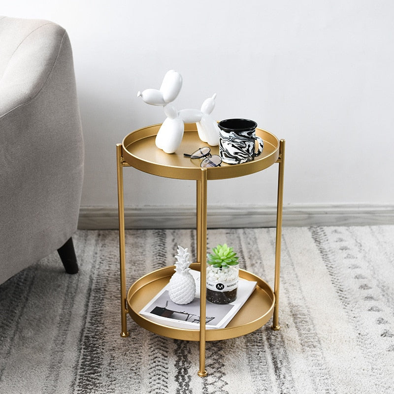 Mesa de té pequeña de doble capa de hierro Simple nórdico, esquinas, mesa de centro redonda, sala de estar, Mini sofá, mesa auxiliar