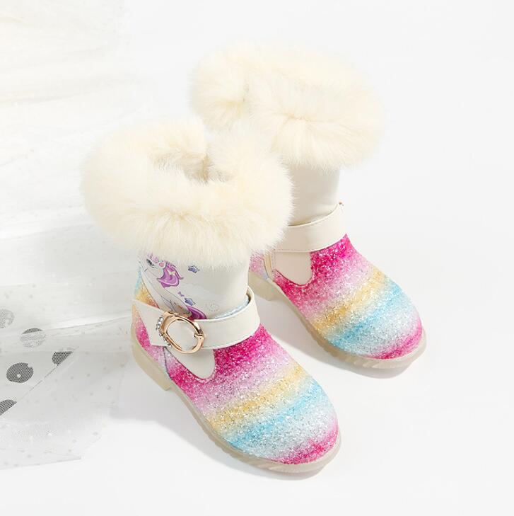 Fashion Girls Snow Boots With Sequins Waterproof Pu Leather Princess Rainbow Unicorn Plush Boots Winter Kids Cartoon Shoes