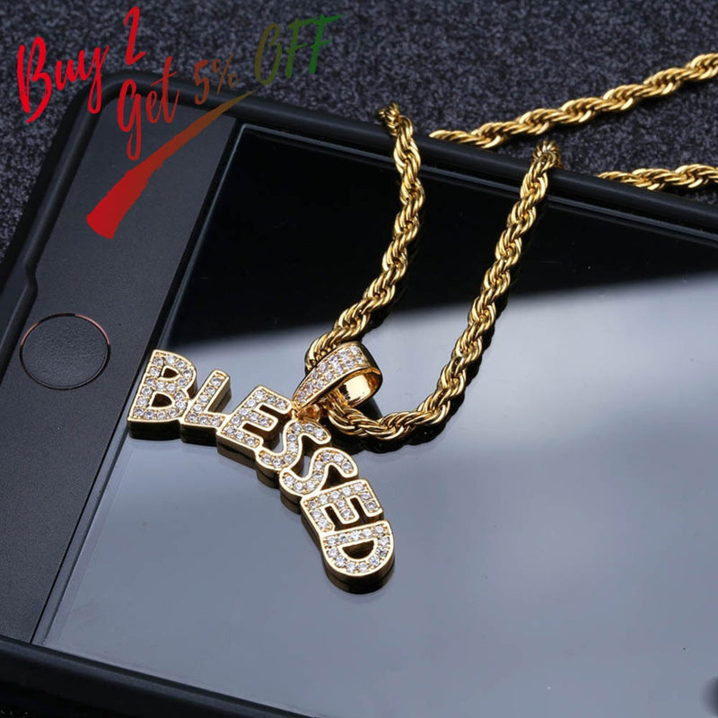 TOPGRILLZ Bubble Letters BLESSED Pendant Necklace Men Women Hip Hop Gold Silver Color Iced Out Cubic Zircon Jewelry Necklace