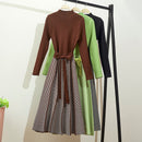 ALPHALMODA High Collar A-line Knit Dress Women's 2019 New Thickened Arrow Striped Women Elegant Sashes Knitted Dress