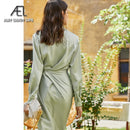 AEL lace up satin robe dress casual loose ladies Single breasted long shirt dress