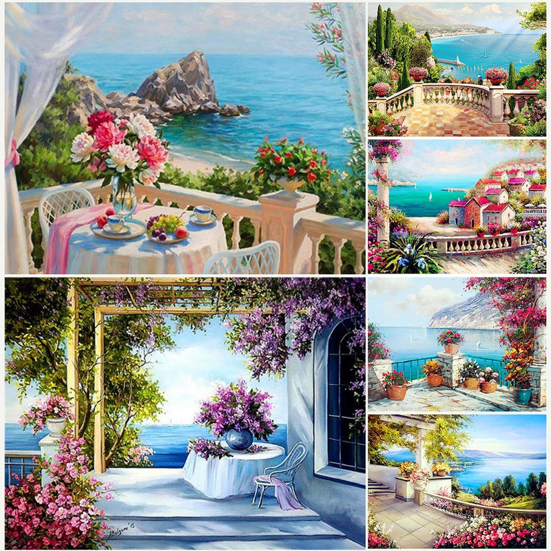 5D DIY pintura de diamantes paisaje cuadrado completo Kit de punto de cruz bordado de diamantes flor mar mosaico imagen de decoración de diamantes de imitación