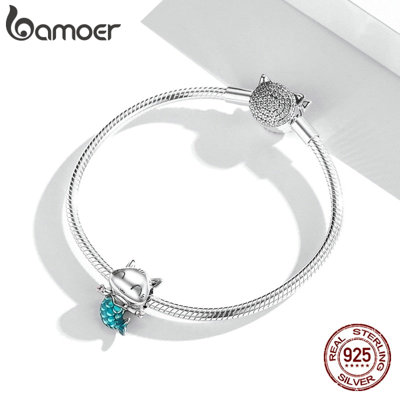 Bamoer 925 plata esterlina gatito sirena encanto azul esmalte cuenta colgante para dije pulsera brazalete DIY fabricación para niña