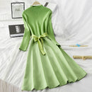 ALPHALMODA High Collar A-line Knit Dress Women's 2019 New Thickened Arrow Striped Women Elegant Sashes Knitted Dress