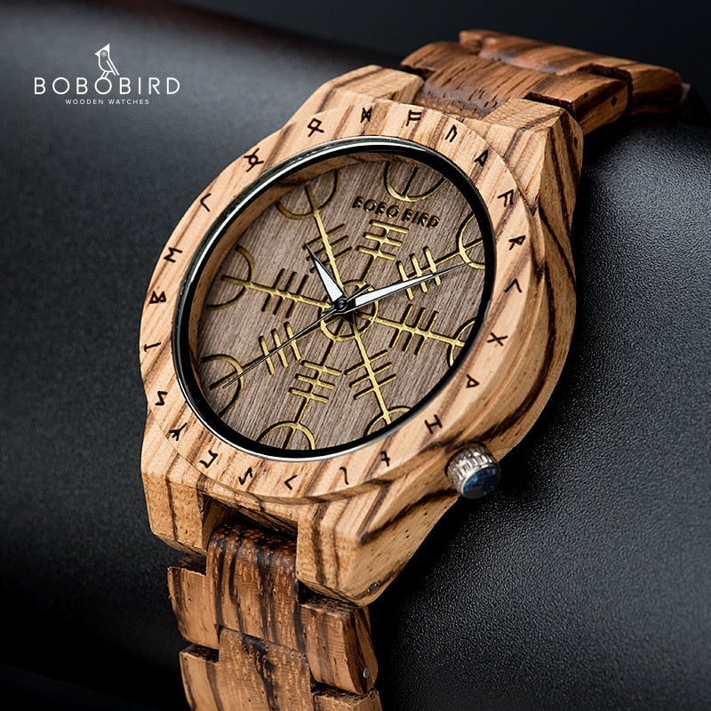 Handmade BOBO BIRD Wooden Watches Man Women Runic Circle Watch with Golden Helm of Awe Vegvisir Quartz Wristwatch Male