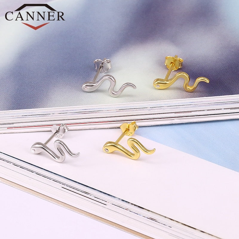 CANNER 2pcs 925 Sterling Silver Punk Snake Piercing Stud Earrings for Women Simple Gold color Female Fashion Minimalist Jewelry