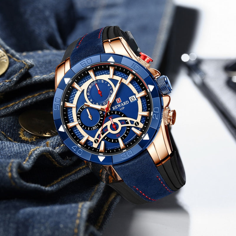 RECOMPENSA Moda Azul Hombres Relojes Cronógrafo Marca superior Lujo Reloj de cuarzo impermeable Hombres 2022 Nuevo Gran Dial Reloj de pulsera deportivo