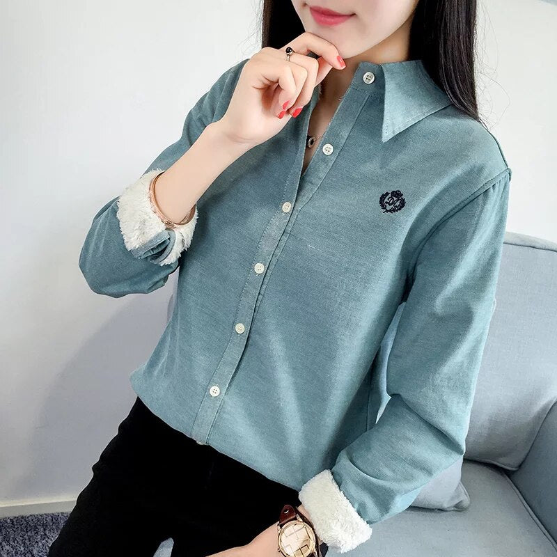 Very Thick Women Winter Style Blouses Shirts Lady Casual Long Sleeve Turn-down Collar Velvet Blusas Tops DF3161