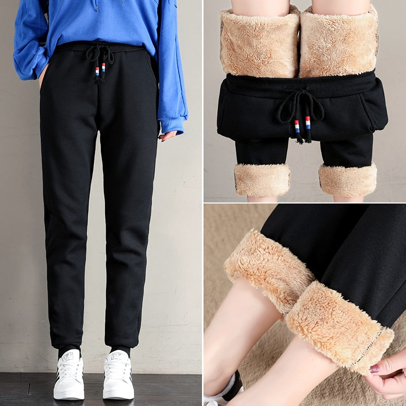 OUMENGKA Women Winter Thick Lambskin Cashmere Pants Warm Female Casual Cotton Pants Loose Harlan Long Trousers S-5XL 3XL 4XL